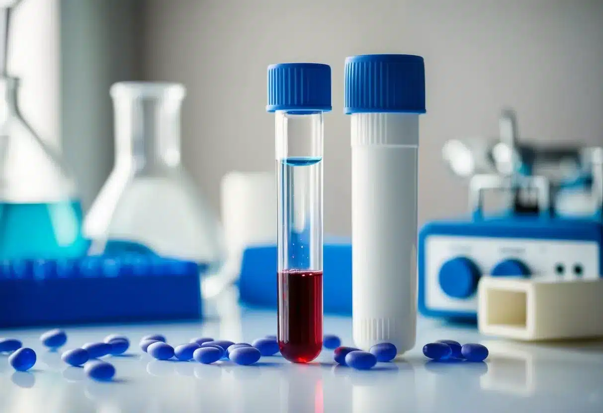 A test tube with low protein solution, surrounded by blood cells and a lab equipment