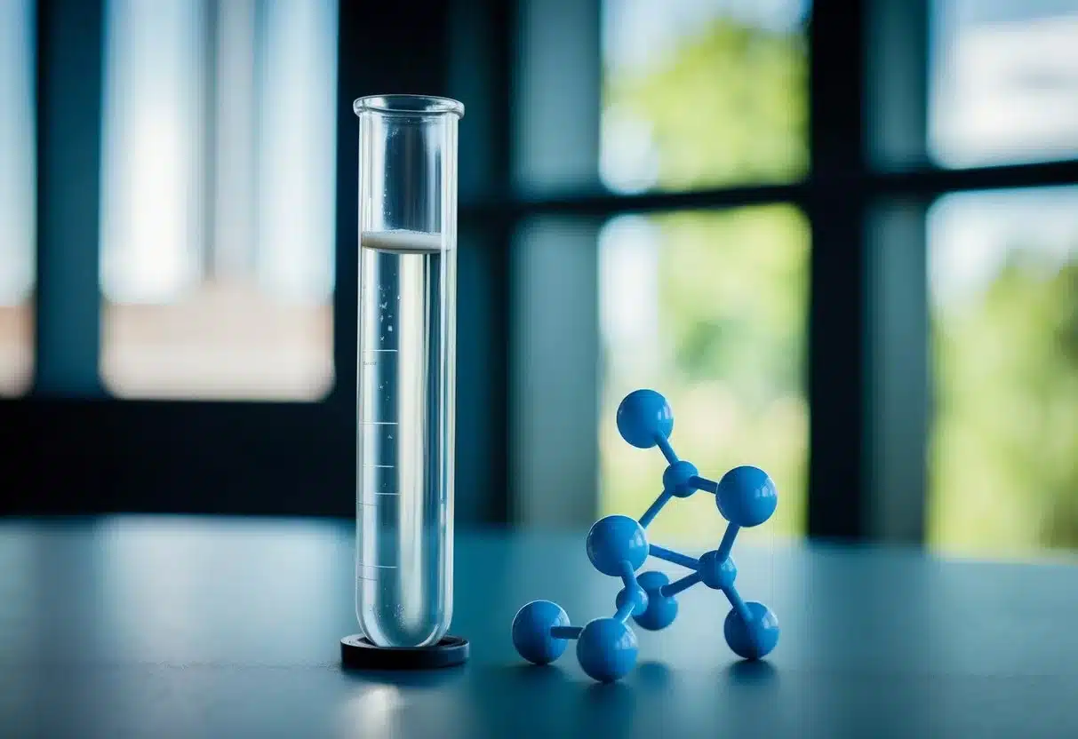 A test tube with a small amount of clear liquid and a protein molecule model next to it