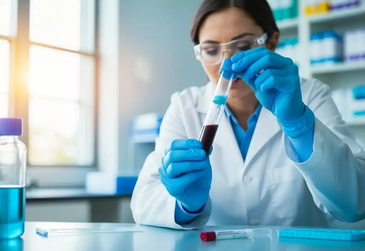 A laboratory technician adding reagents to a test tube of blood to measure total protein levels