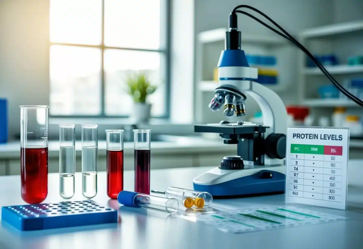 A laboratory table with test tubes and vials, a microscope, and a chart showing protein levels in the blood