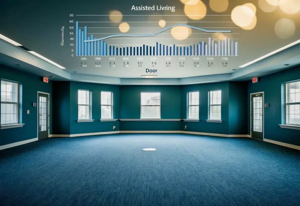 An empty and desolate assisted living facility, with closed doors and windows, surrounded by a graph showing declining economic data and bleak future projections