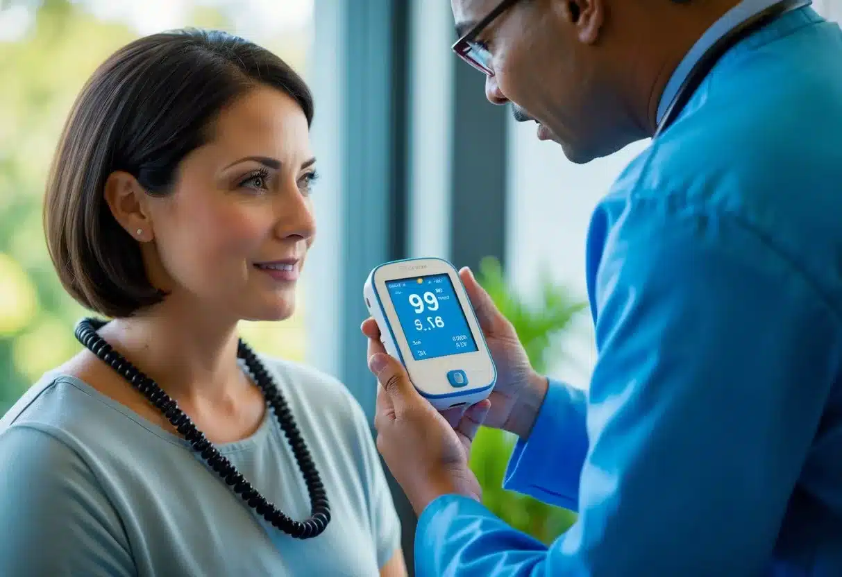 A person wearing a continuous glucose monitoring device while receiving education from a healthcare professional. The professional is explaining how to interpret the data displayed on the device