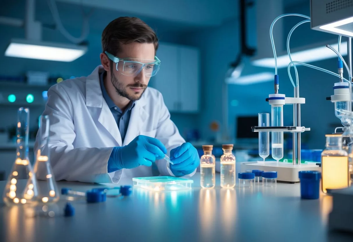 A laboratory filled with high-tech equipment and glowing vials, with a scientist in a white coat conducting experiments on a futuristic biohacking project for longevity