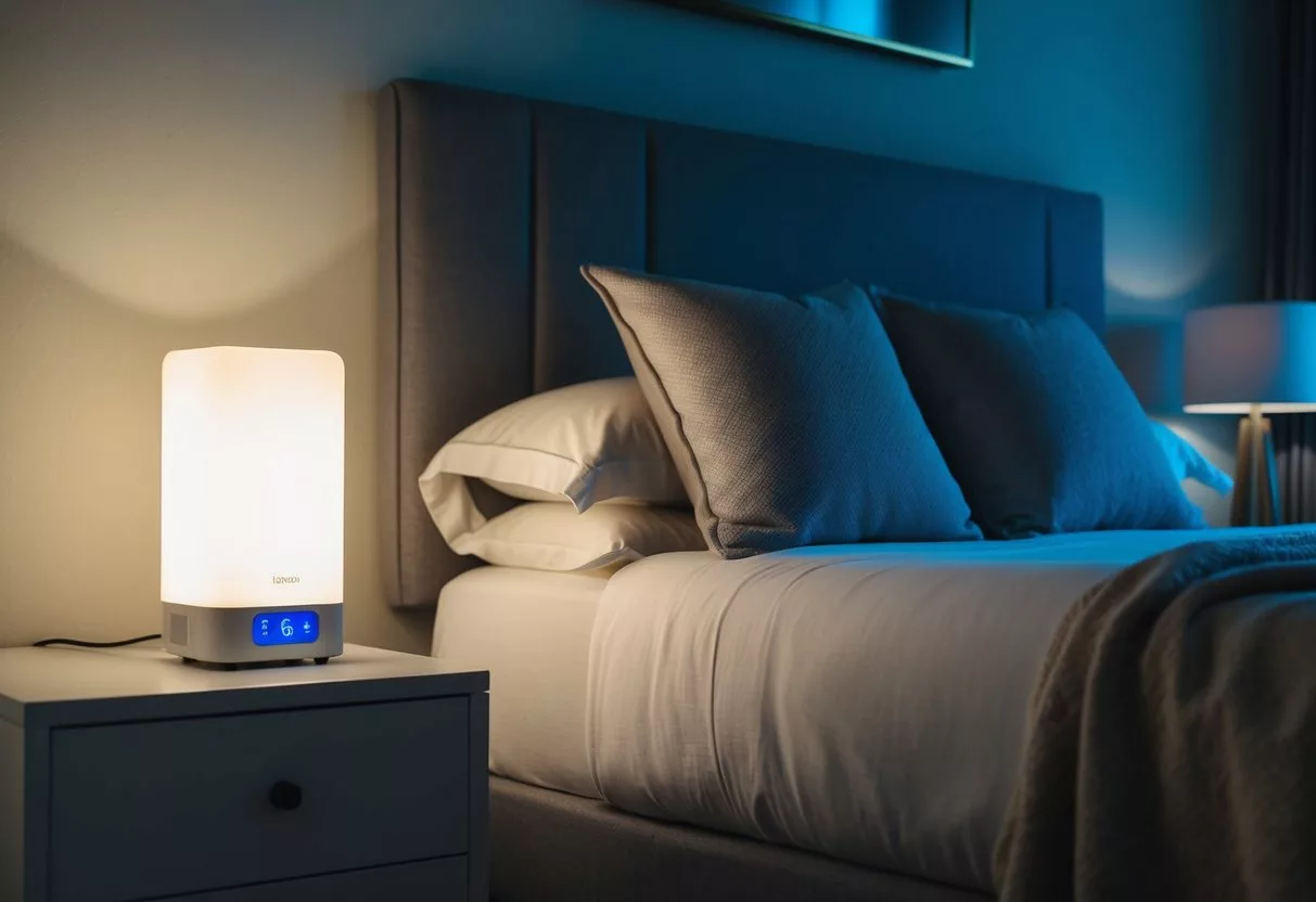 A serene bedroom with dim lighting, a comfortable bed, and calming decor. A soft glow emanates from a sleep optimization biohacking device on the bedside table