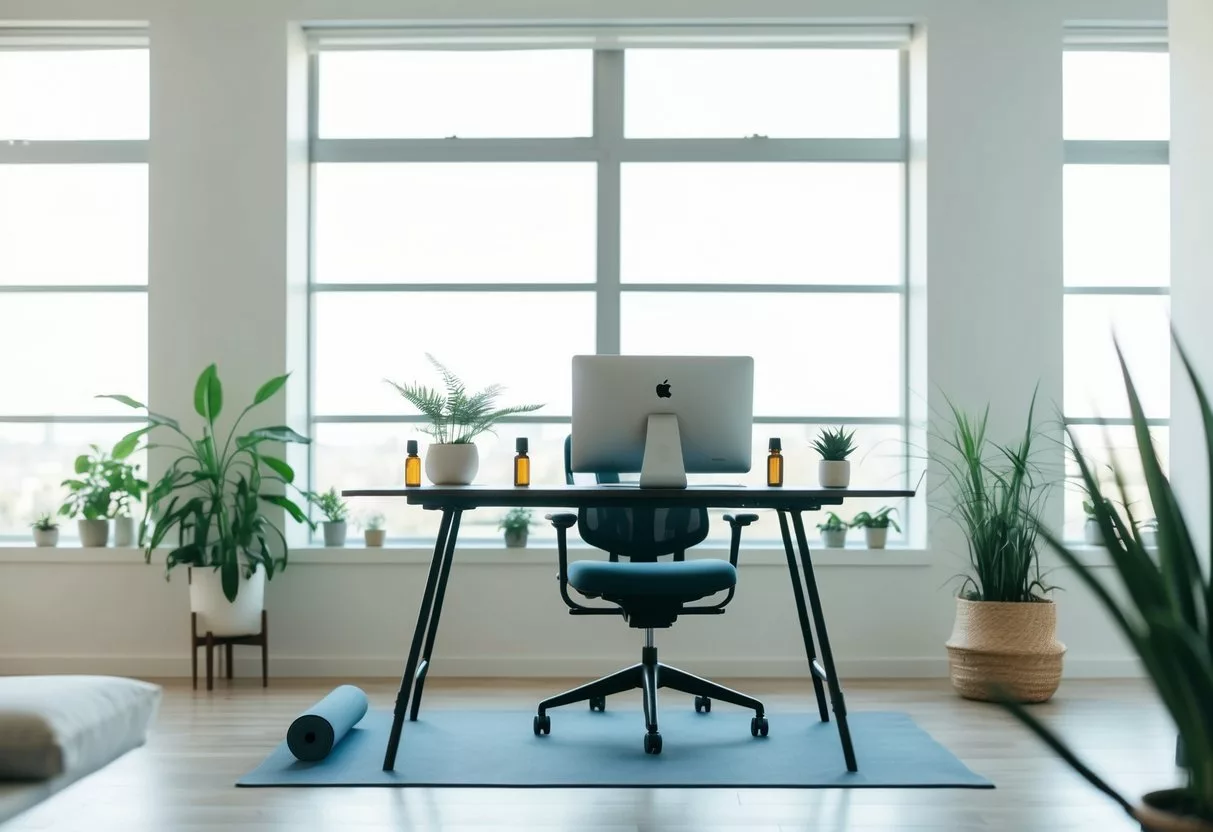 A serene, minimalist workspace with a standing desk, ergonomic chair, and natural light streaming in through large windows. Plants, essential oils, and a yoga mat are strategically placed for wellness