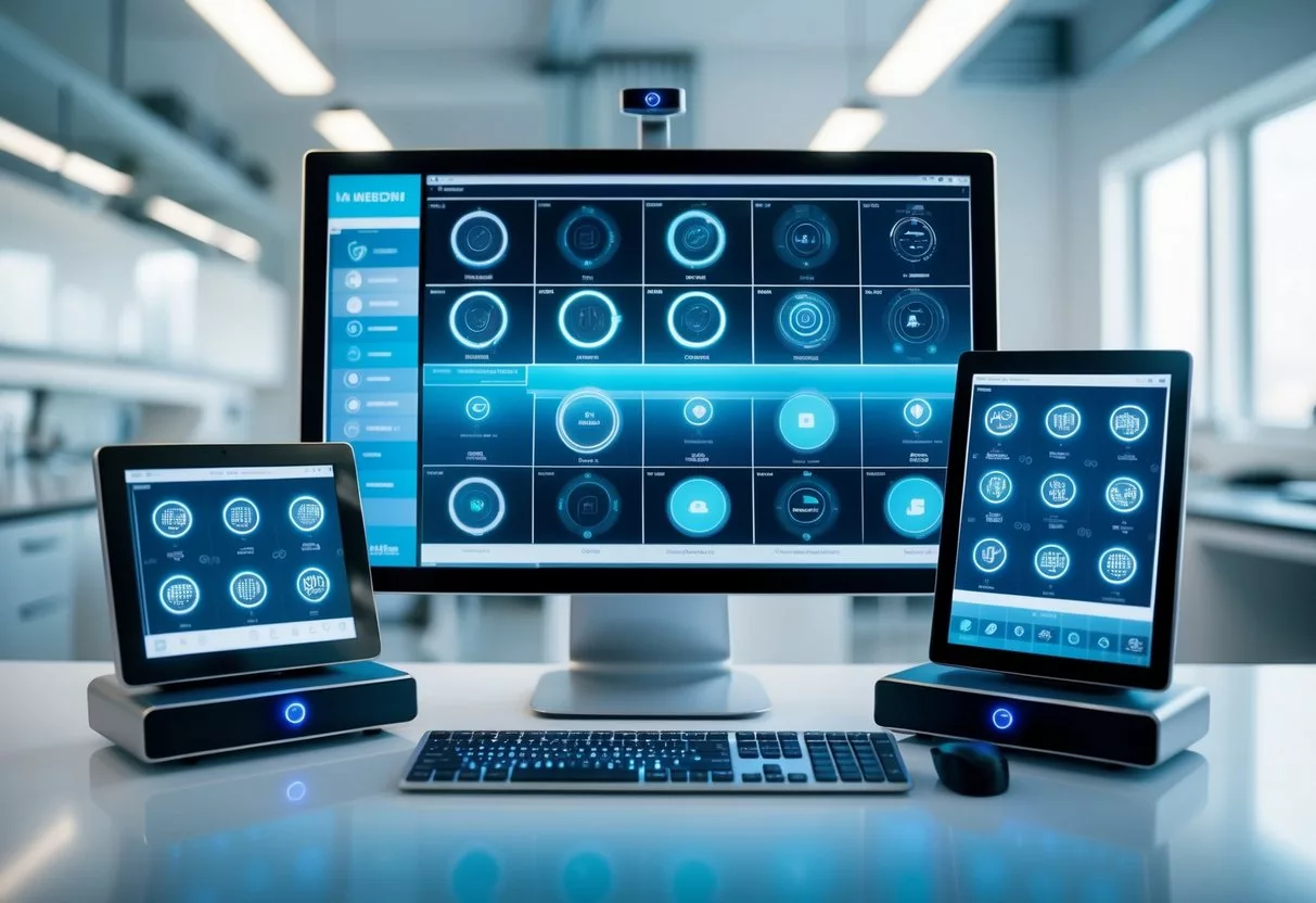 A futuristic biofeedback monitoring system with various sensors and screens, surrounded by a sleek and modern laboratory setting