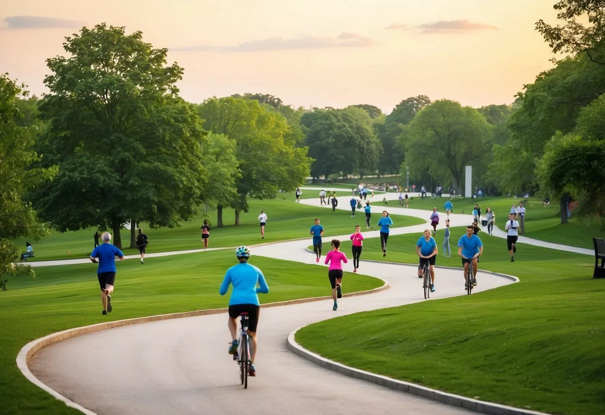 A serene park with winding paths, lush greenery, and people engaged in various physical activities like jogging, yoga, and cycling