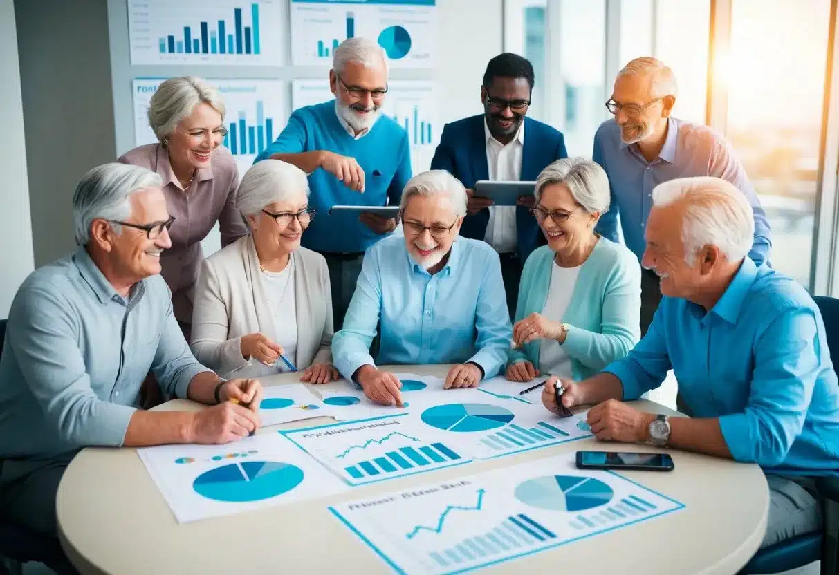 A diverse group of elderly individuals engaging in various activities, surrounded by charts and graphs showing economic data and future projections