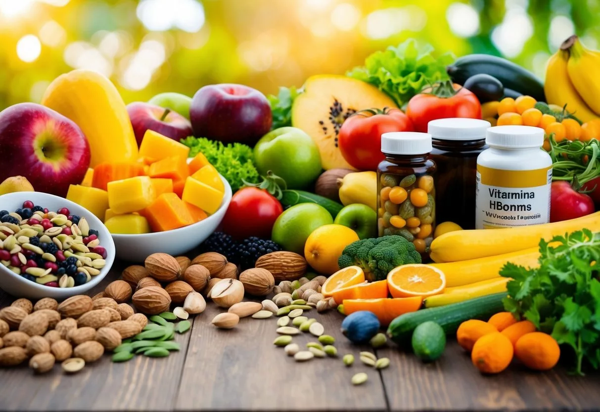 A table filled with colorful fruits, vegetables, nuts, and seeds. A variety of supplements and vitamins neatly arranged on the side