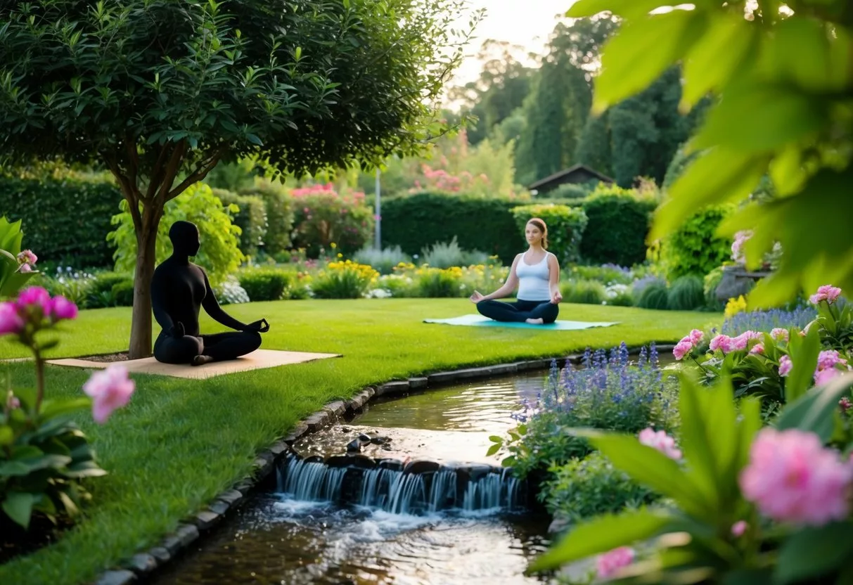 A serene garden with a flowing stream, surrounded by lush greenery and blooming flowers. A figure meditates under a tree while another practices yoga on a nearby mat