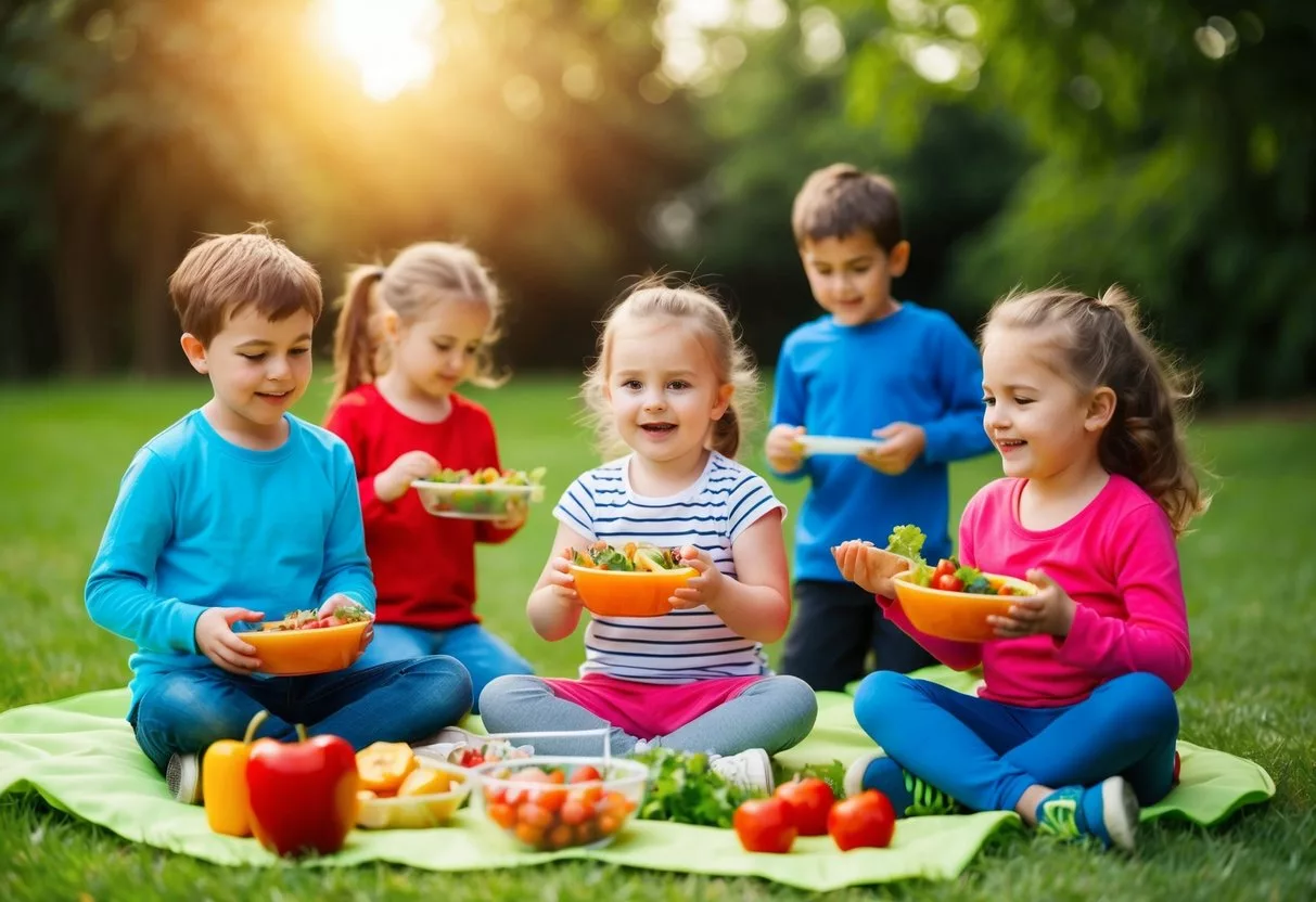 A group of children playing outdoors, surrounded by healthy food and engaging in physical activities