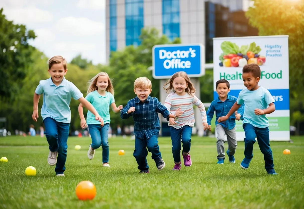 A group of children playing in a park with a backdrop of a doctor's office and healthy food options