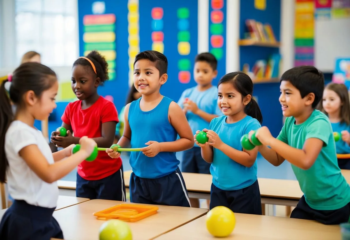 A group of children engaged in physical activities and learning about healthy habits in a school setting