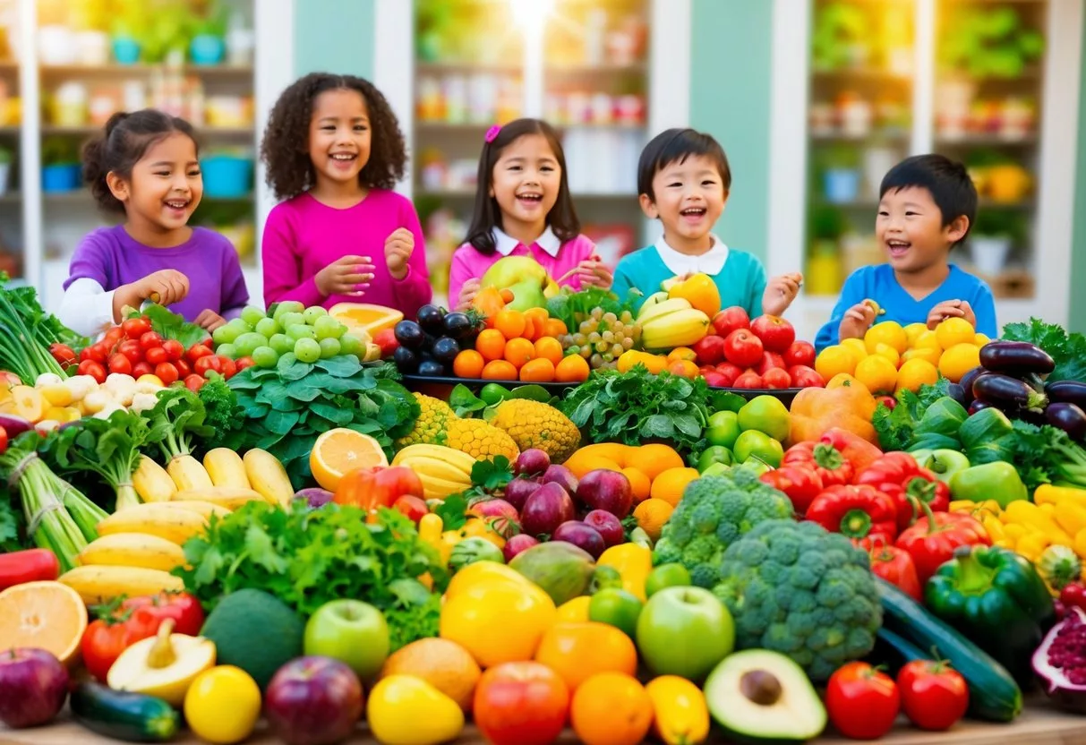 A colorful and diverse array of fresh fruits and vegetables arranged in a bountiful display, surrounded by vibrant, healthy children playing and laughing