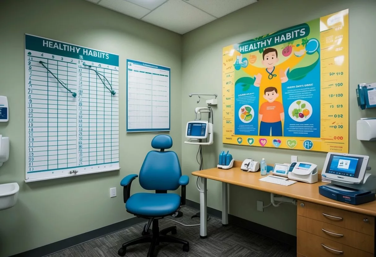 A doctor's office with growth charts on the wall, medical equipment, and a colorful mural of healthy habits