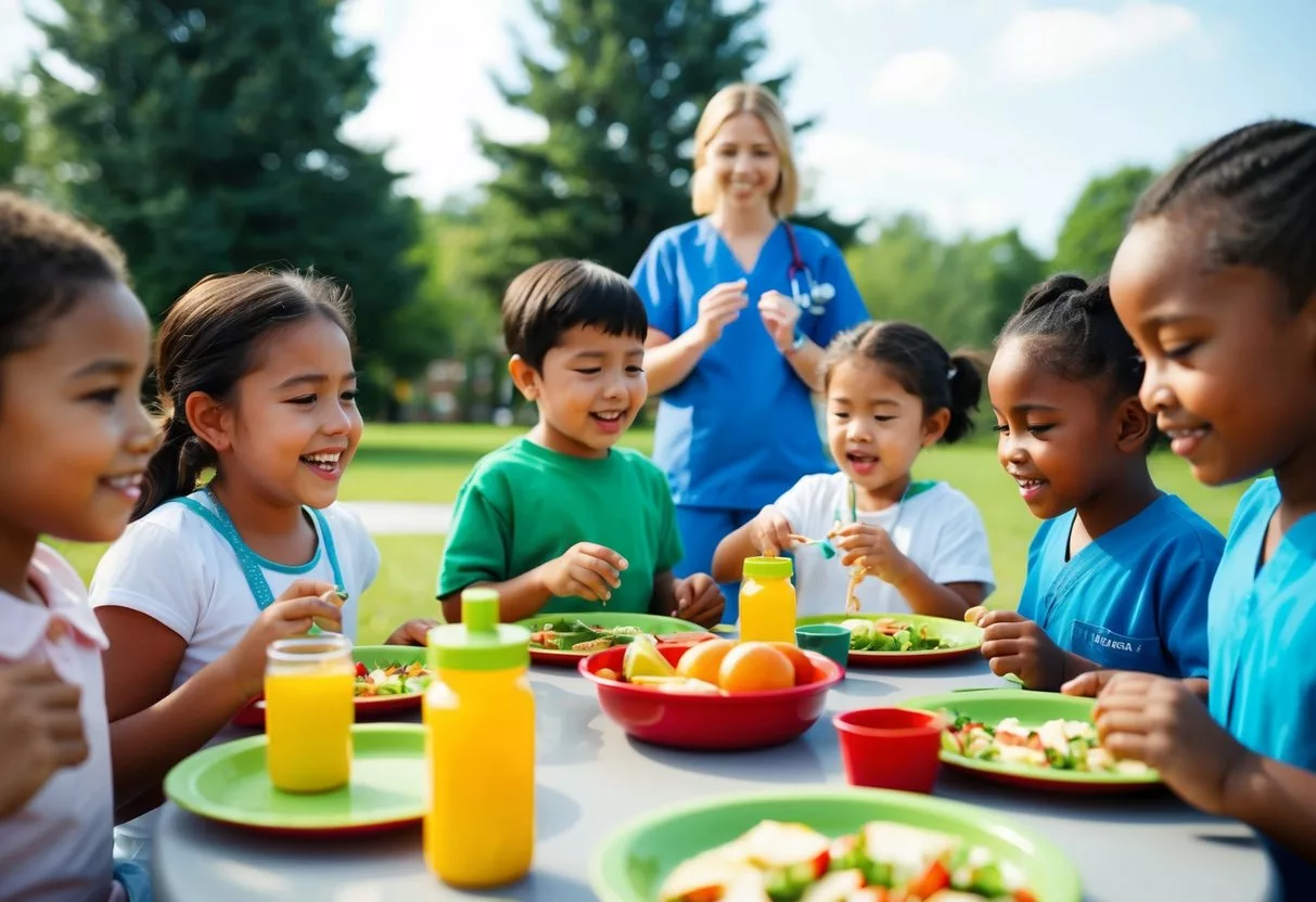 A group of children engaging in outdoor activities, eating nutritious meals, and receiving regular check-ups from healthcare professionals