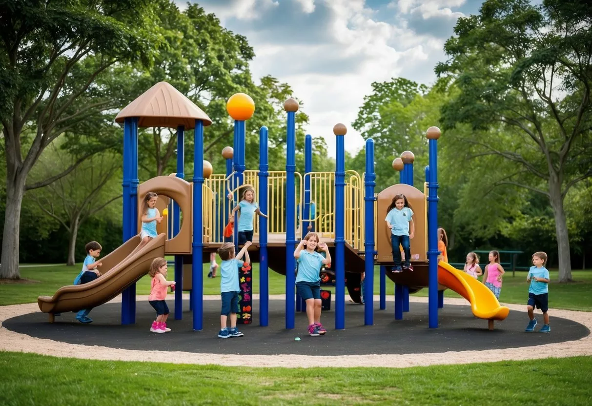 A playground surrounded by trees, with children playing and adults engaging in educational activities about nutrition and exercise