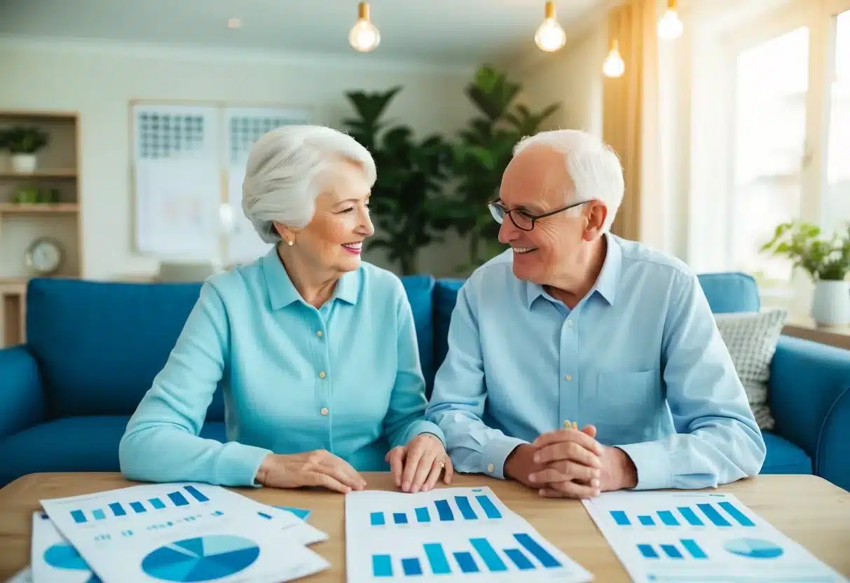 An elderly couple sitting in a cozy living room, surrounded by pamphlets and charts showing economic data and future projections for the assisted living market segmentation