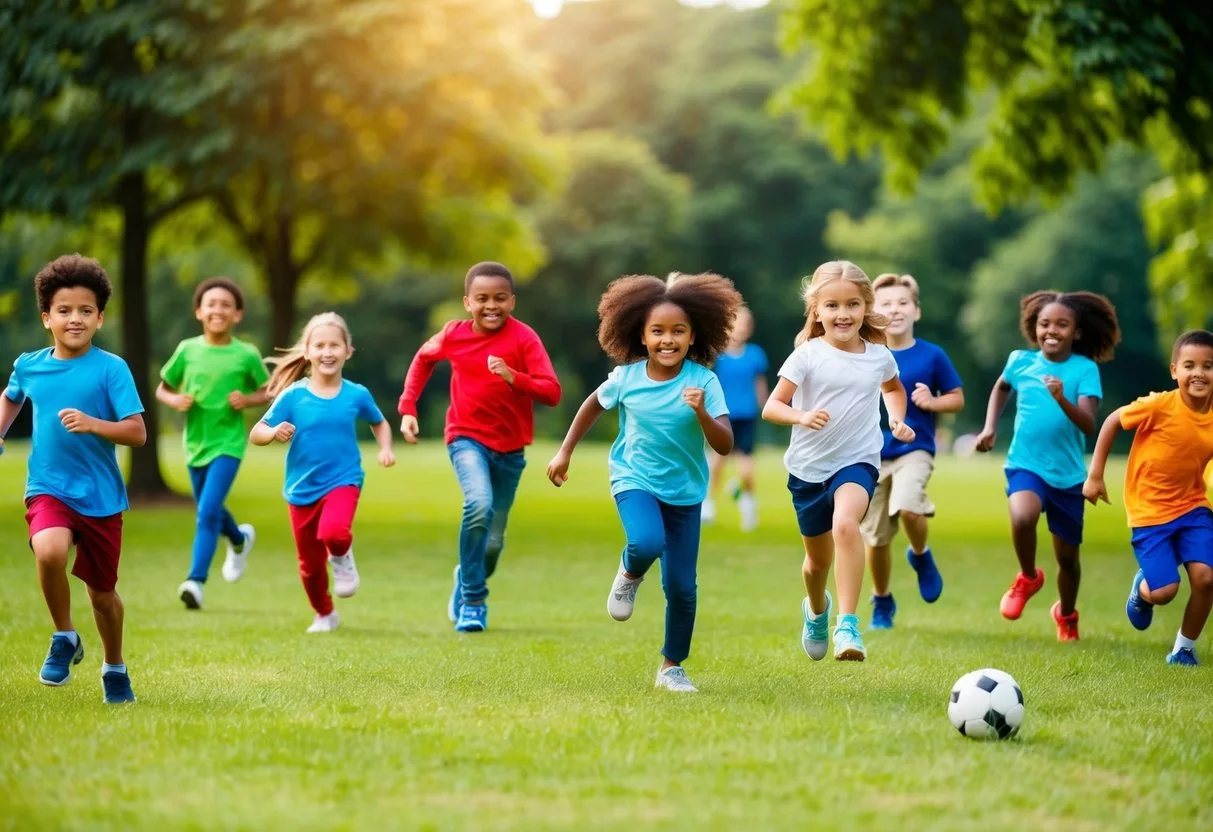 A group of diverse children playing outdoors in a lush, green park, engaging in physical activities such as running, jumping, and playing sports