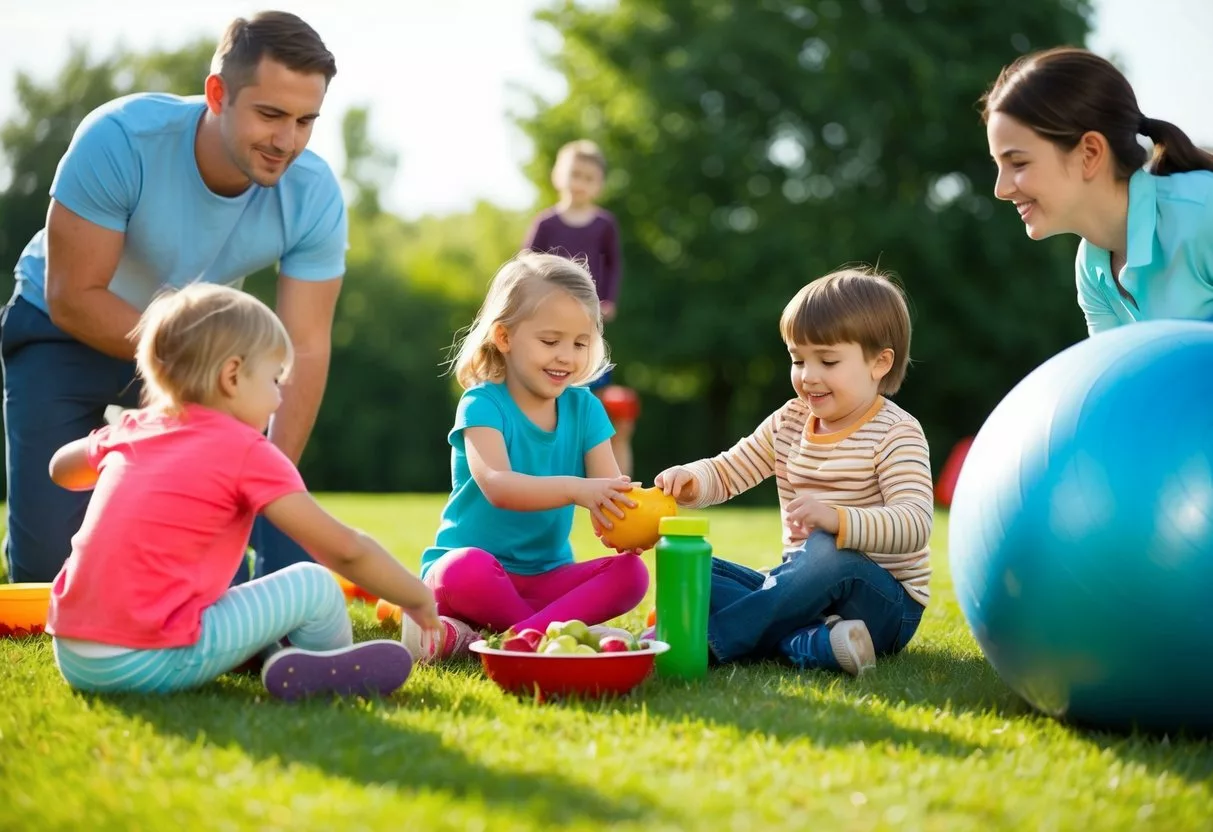 A group of children playing outside while being supervised by adults, with healthy food and exercise equipment nearby