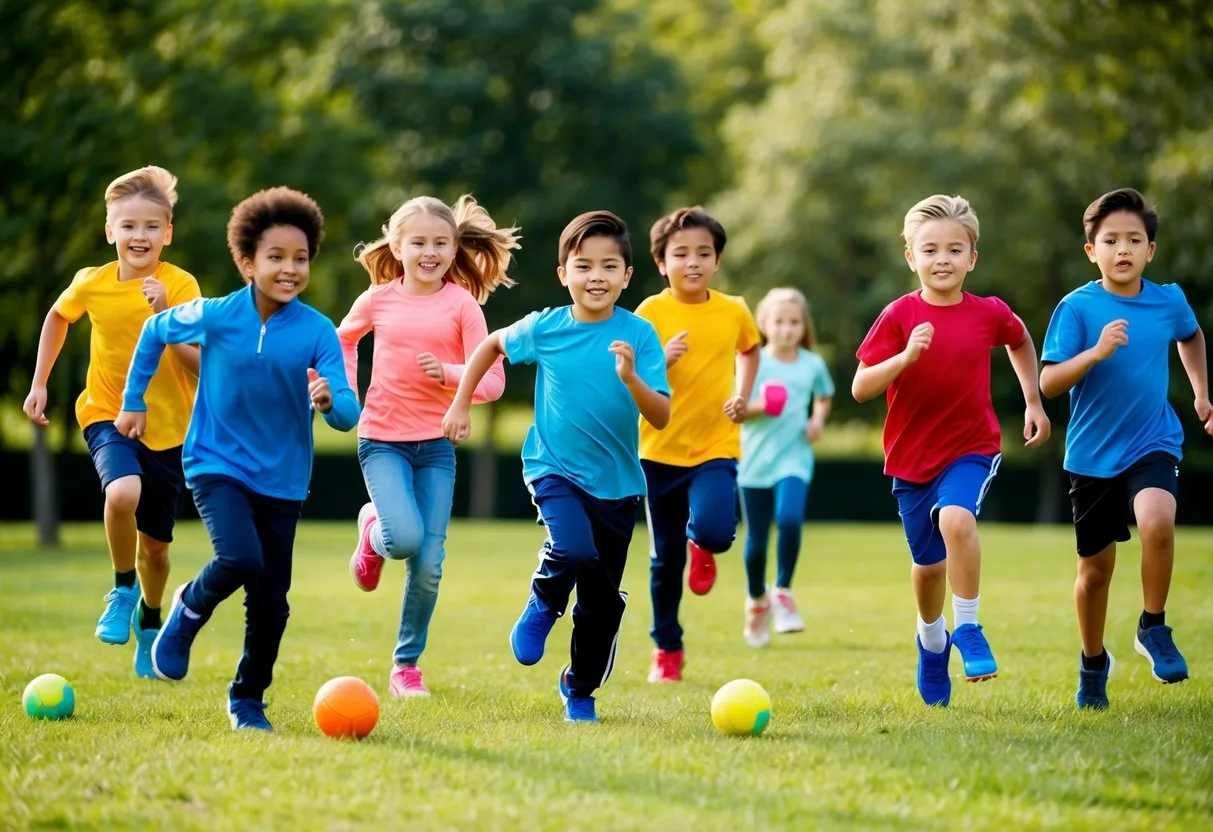 Children playing outdoor games in a park, running, jumping, and playing sports. A group of kids engaging in physical activity under the supervision of a coach or teacher