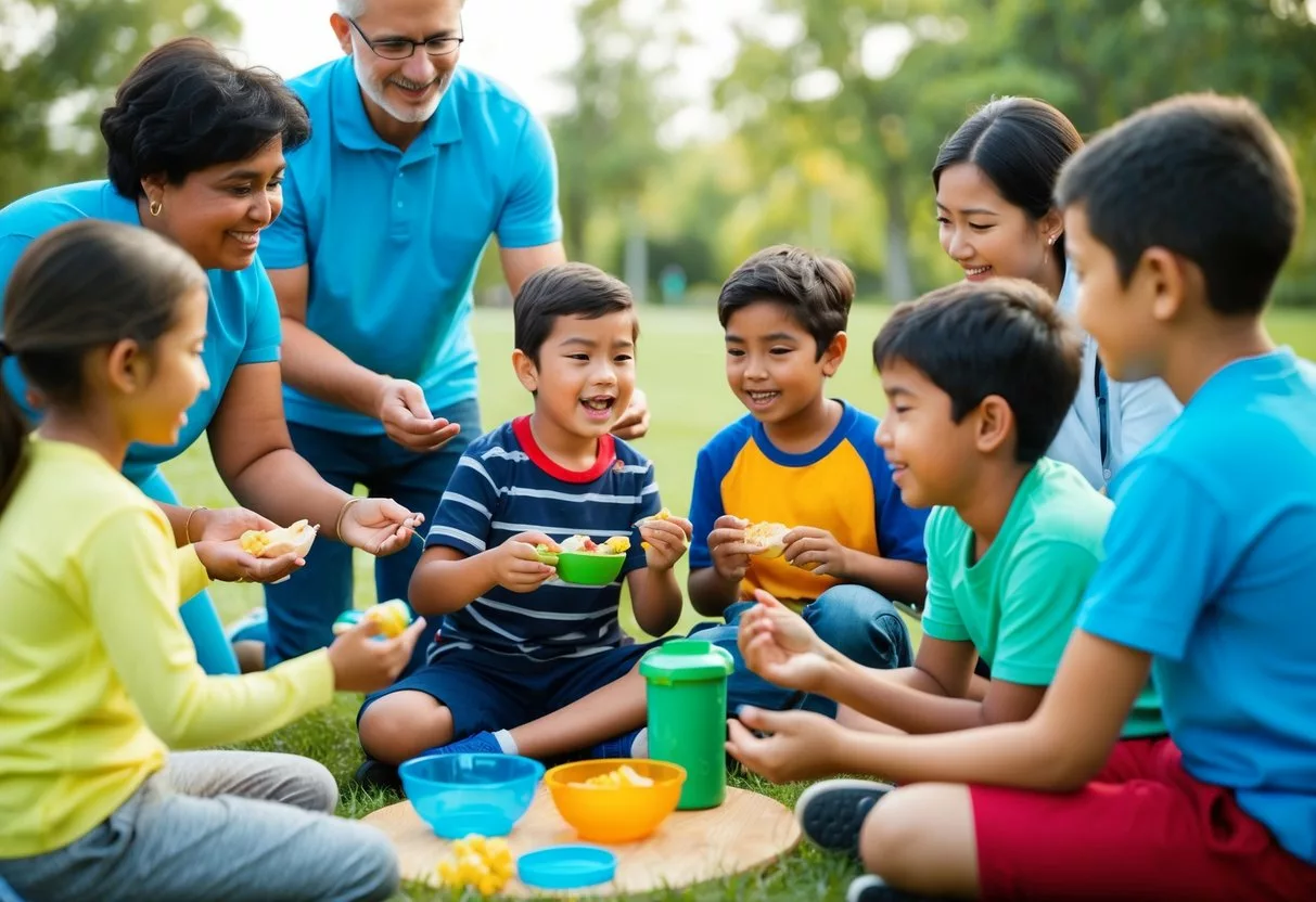 A group of children engaging in outdoor activities, such as playing sports or eating healthy snacks, while surrounded by adults providing guidance and education on preventive measures for chronic diseases