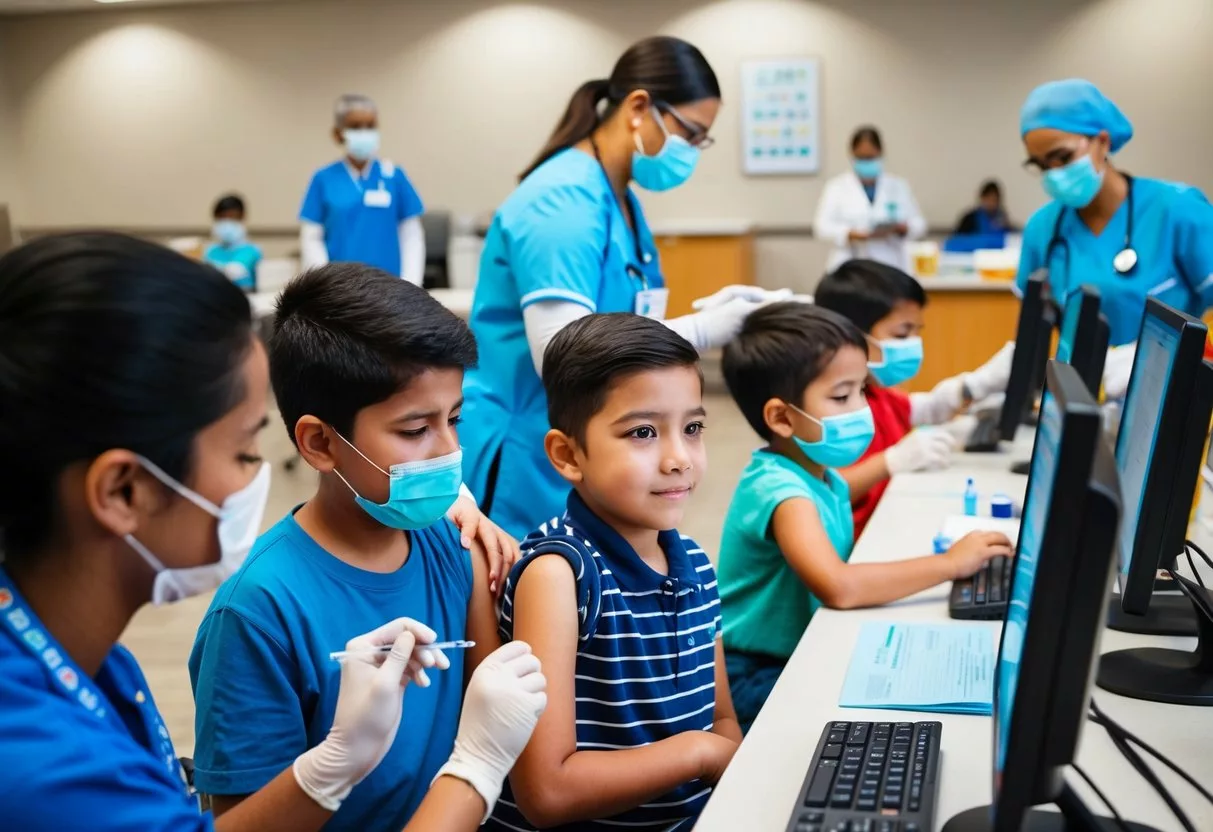 A group of children receiving vaccinations at a clinic, while healthcare workers monitor disease surveillance data on computers