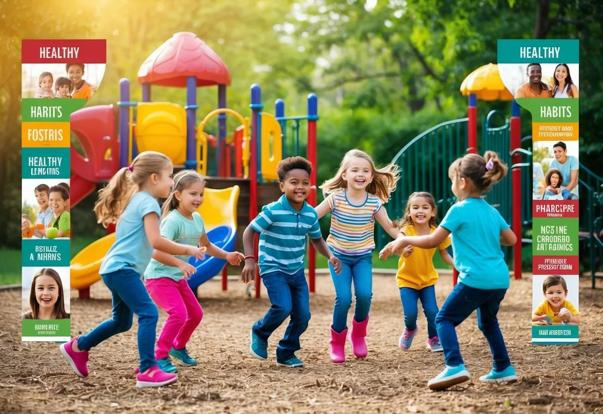 A group of children playing in a vibrant, nature-filled playground, surrounded by images of healthy habits and positive affirmations