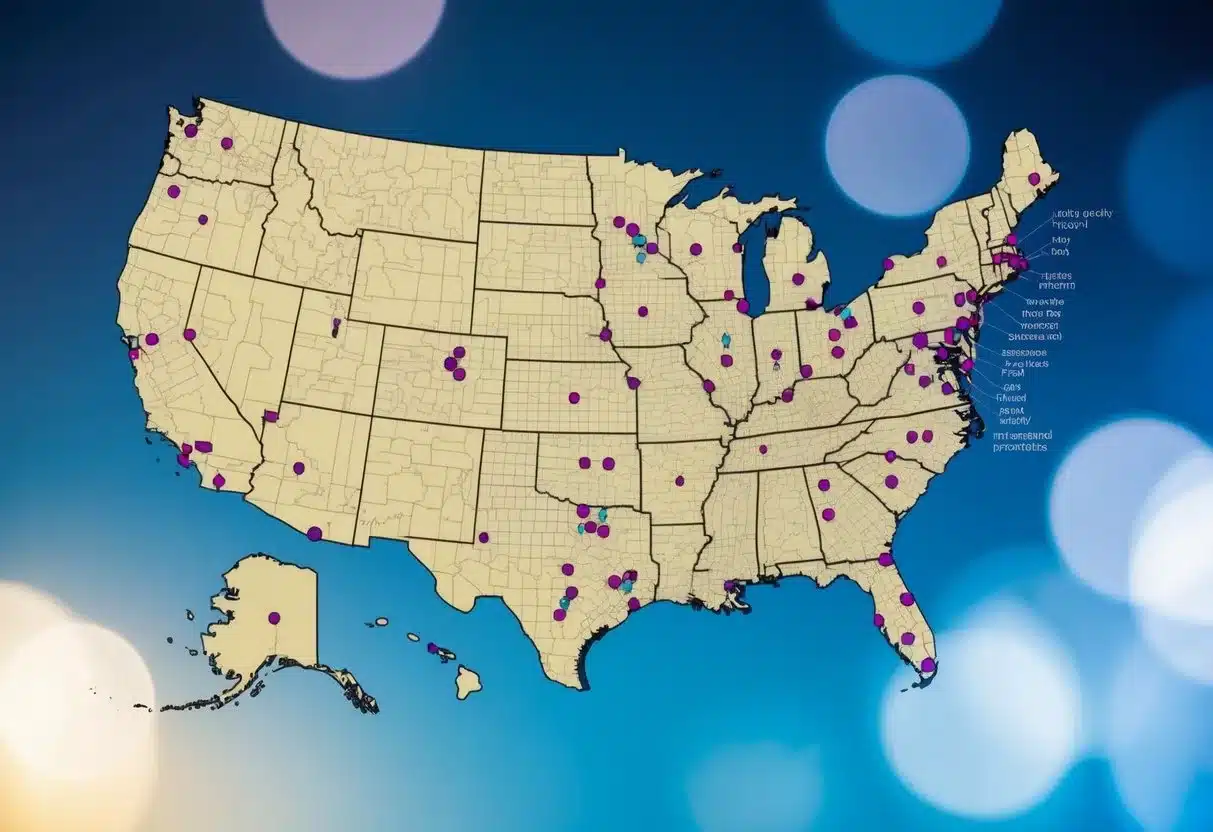 A map of the United States with color-coded data points representing economic analysis and future projections for assisted living facilities