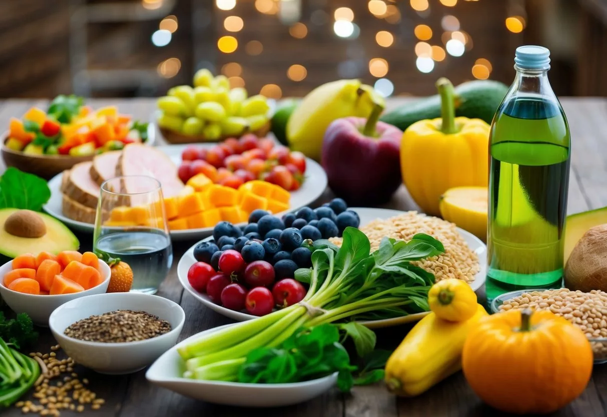 A table filled with healthy, colorful fruits and vegetables, alongside lean proteins and whole grains. A bottle of water and a glass of green tea sit nearby