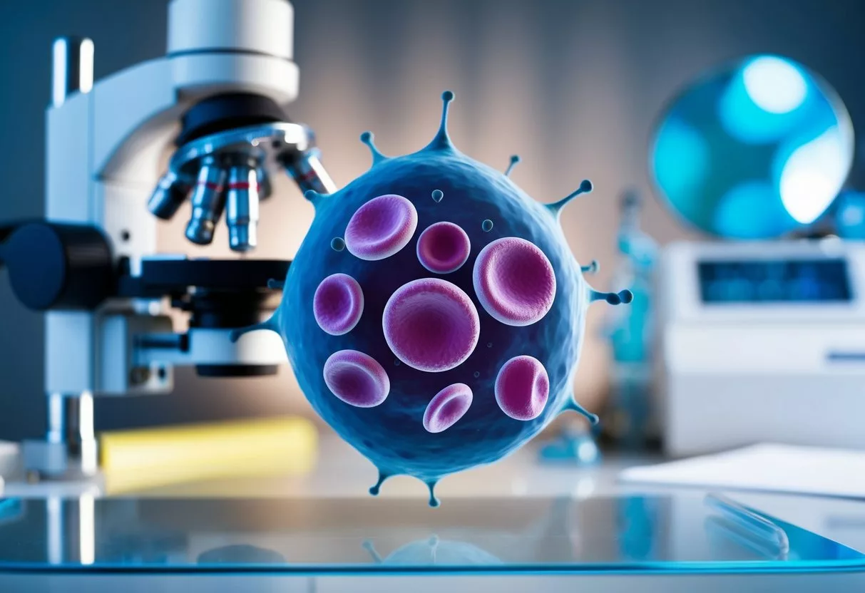 A liver cell surrounded by fatty deposits, with a microscope and research equipment in the background