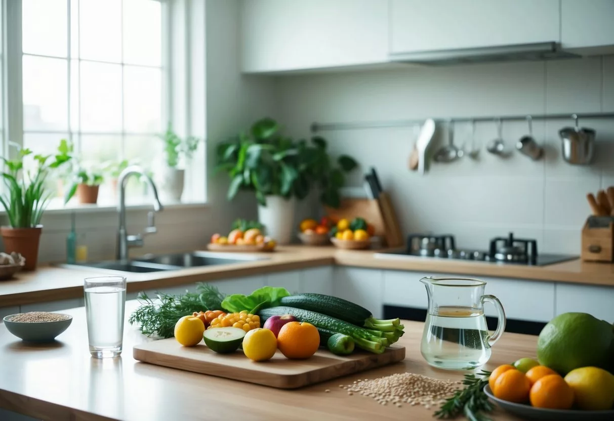 A serene, clutter-free kitchen with fresh fruits, vegetables, and whole grains on the counter. A glass of water and a pitcher of green tea sit nearby