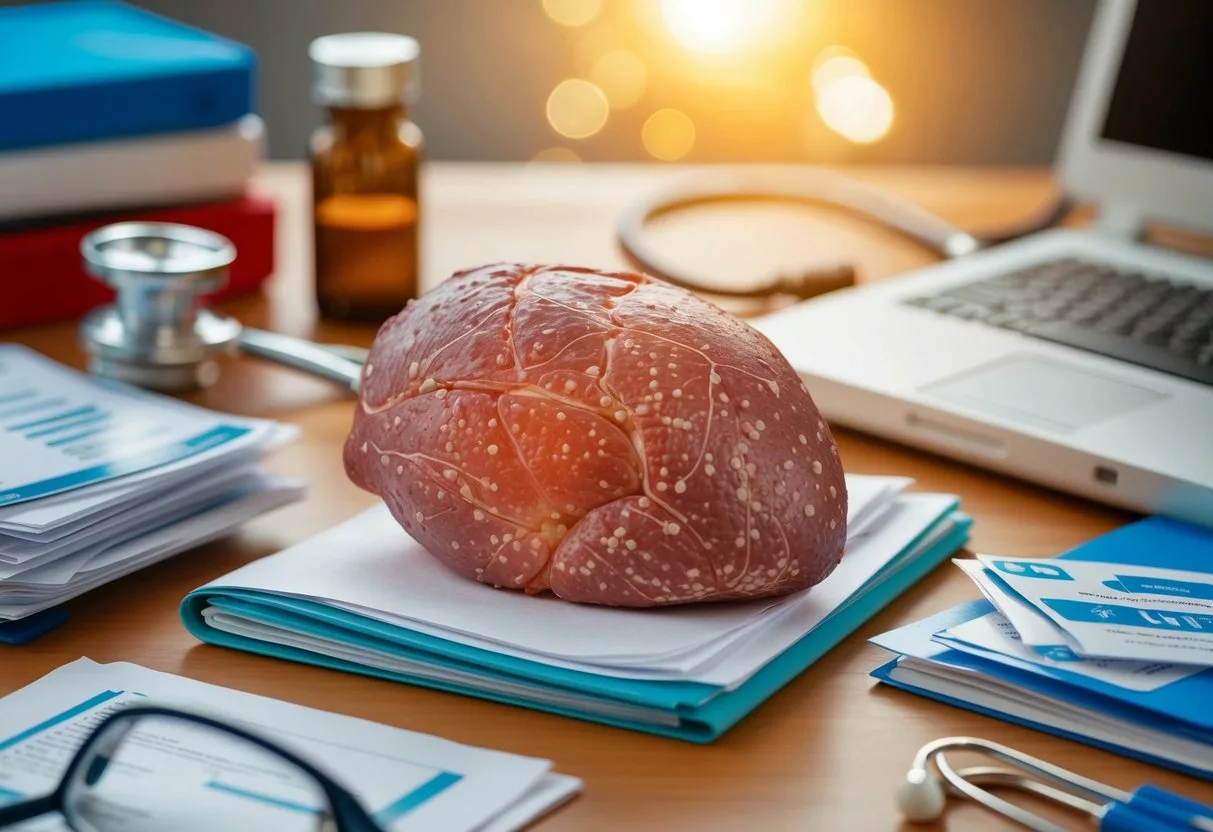 A liver with visible fat deposits, surrounded by medical resources and support materials