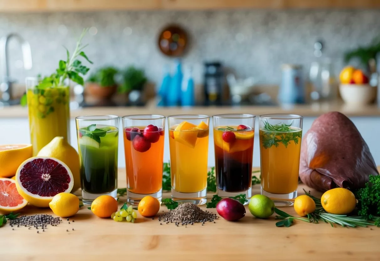 A table with five different drinks arranged neatly, surrounded by various fruits and herbs. A liver is shown in the background, with a noticeable layer of fat on one side