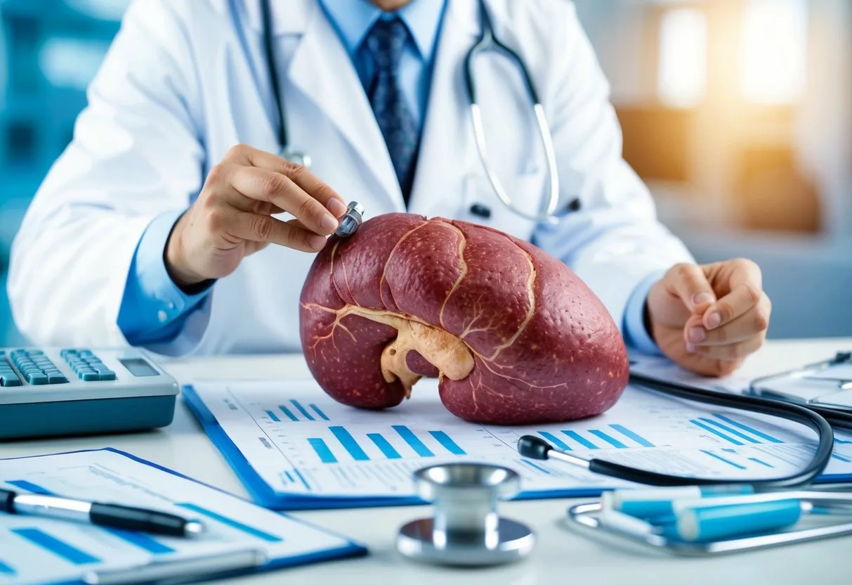 A liver with visible fat deposits, surrounded by medical equipment and charts, with a doctor or researcher analyzing the condition