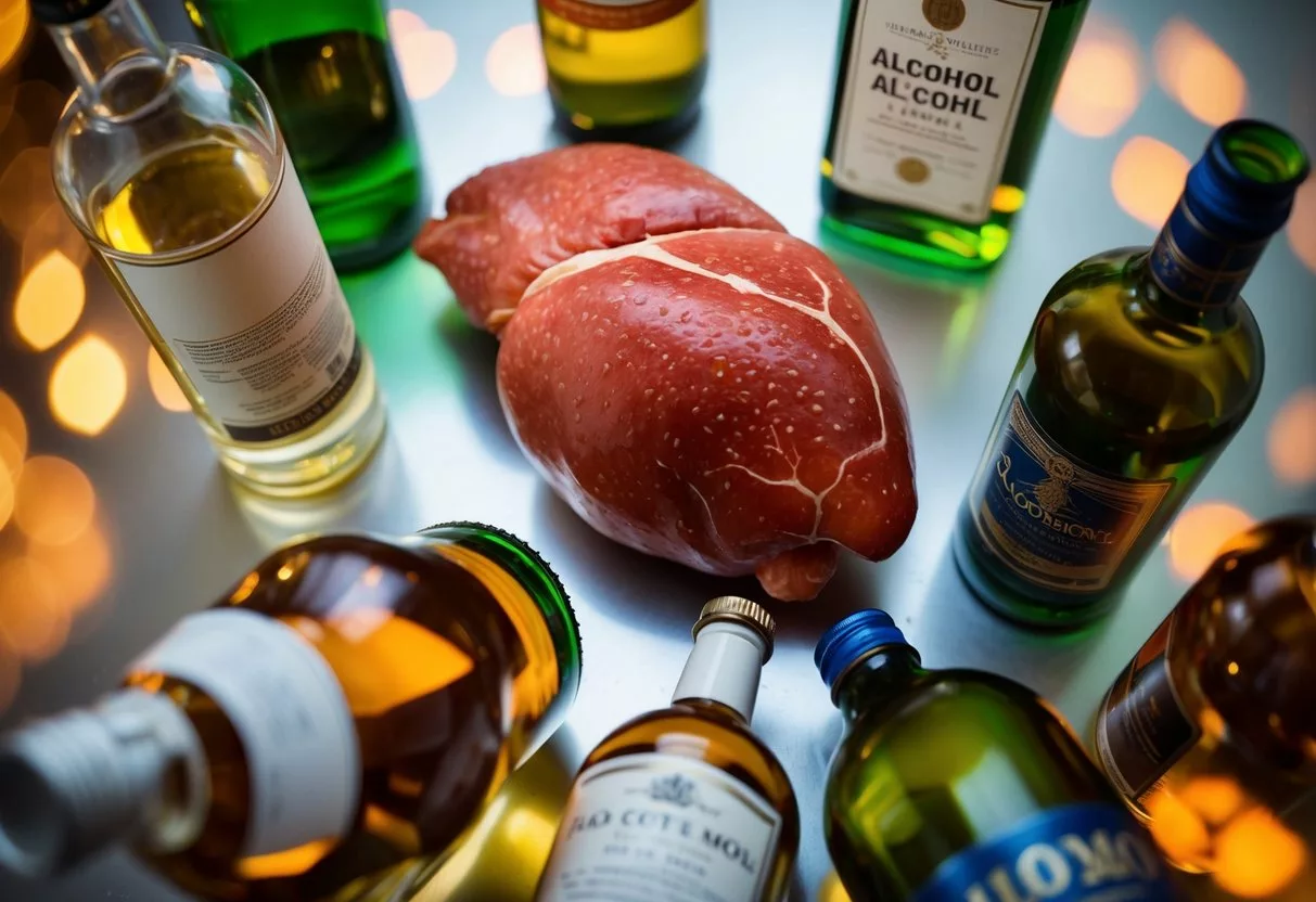 A liver surrounded by alcohol bottles, with fat deposits visible inside