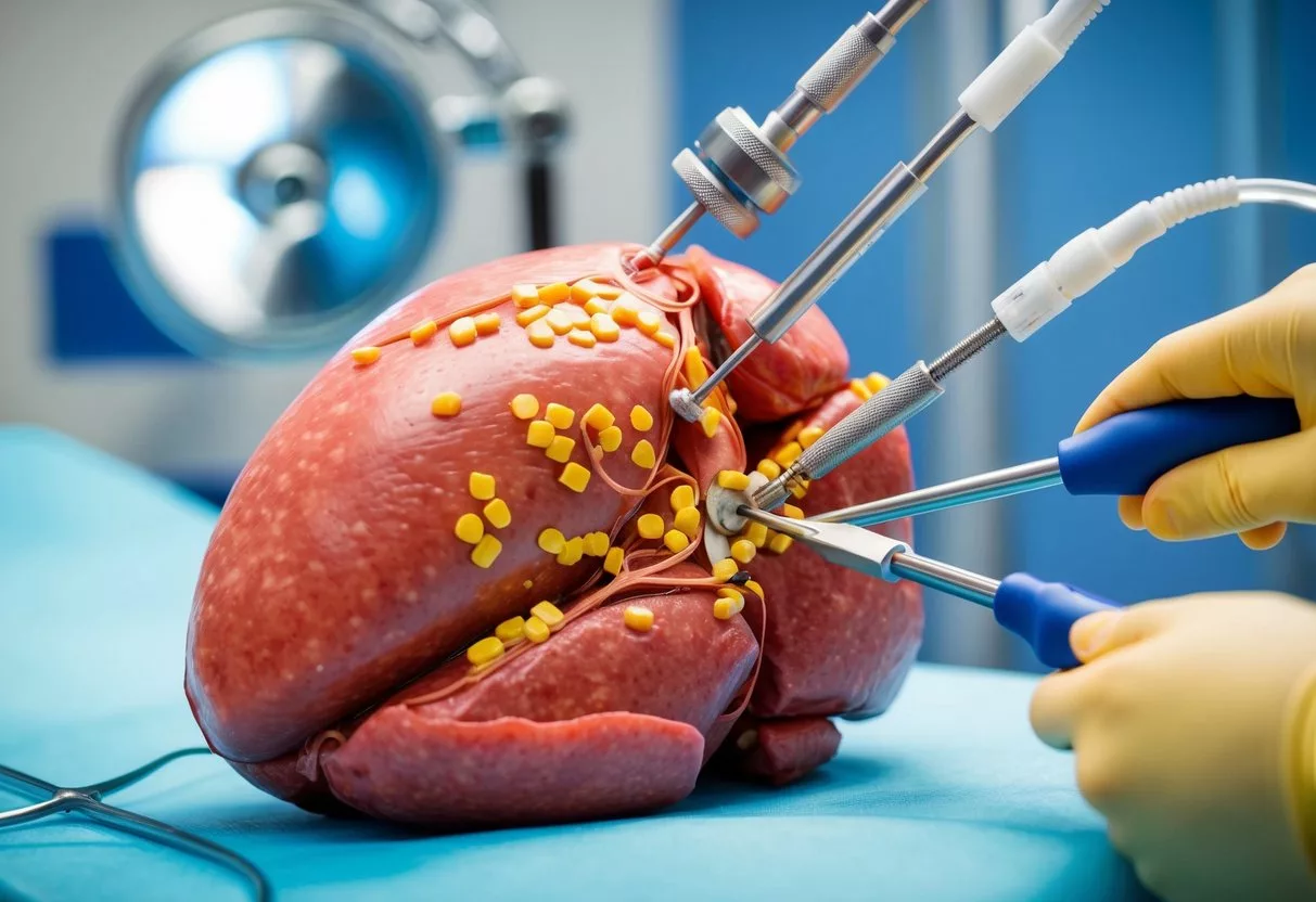 A liver with visible fat deposits being targeted and removed by medical tools in a clinical setting