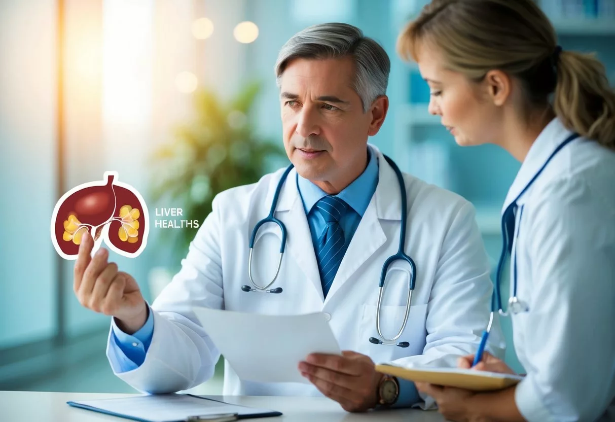 A doctor explaining liver health to a patient, pointing to a diagram of a liver with fatty deposits, while a nurse takes notes