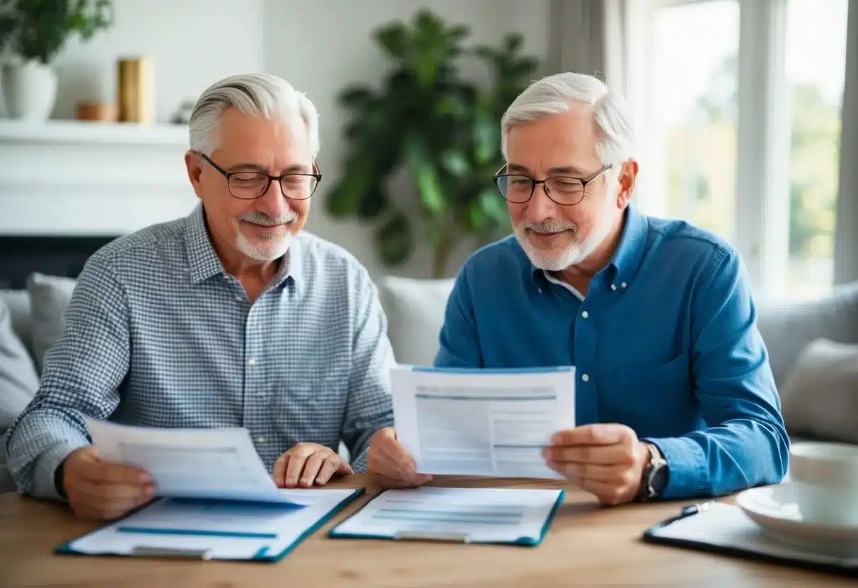 An elderly couple reviewing financial documents with a financial advisor in a cozy living room setting