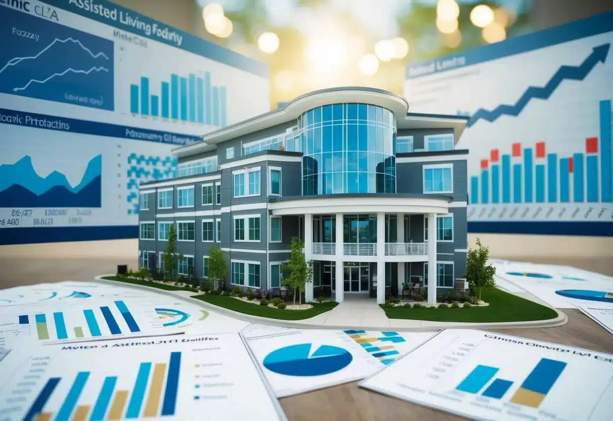 A modern assisted living facility surrounded by charts and graphs showing economic data and future projections