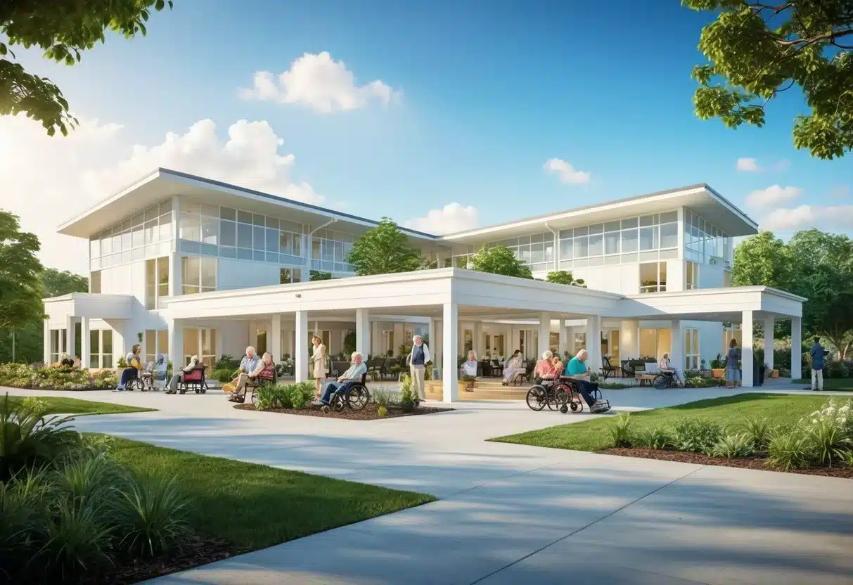 A modern, bright and airy assisted living facility with residents engaging in various activities. The building is surrounded by greenery and has a welcoming, transparent design