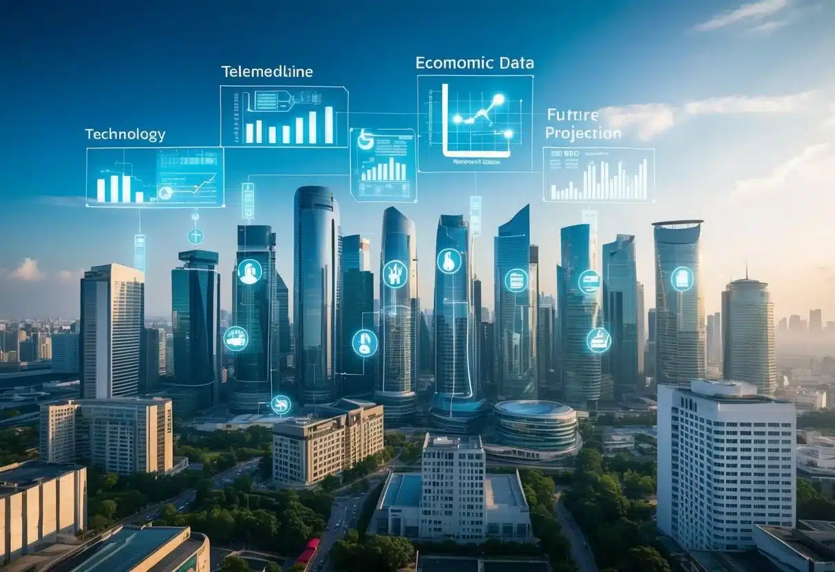 A modern, bustling city skyline with telemedicine and technology symbols integrated into the architecture, alongside graphs and charts displaying economic data and future projections