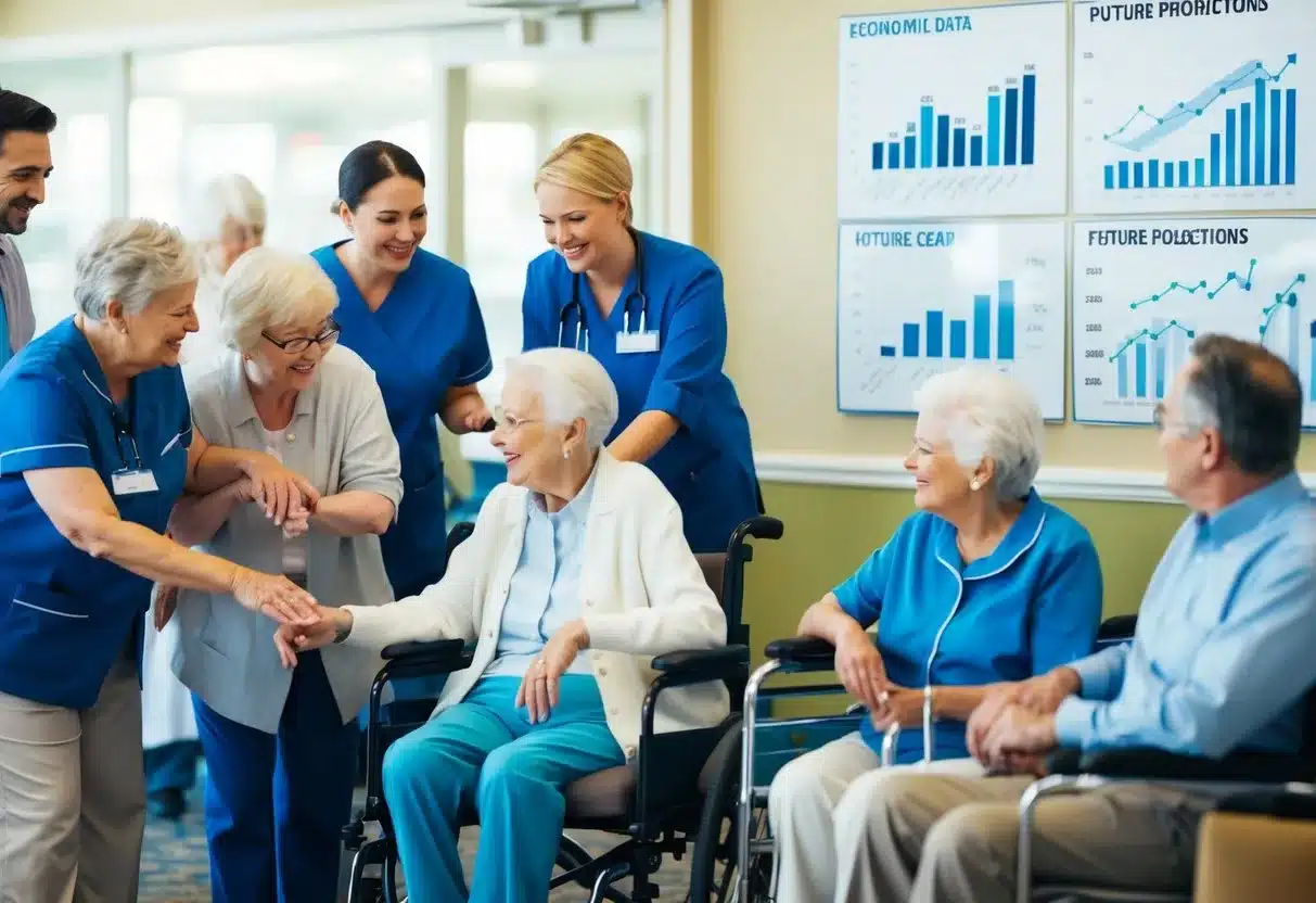 A bustling assisted living facility with residents and staff interacting, surrounded by charts and graphs depicting economic data and future projections