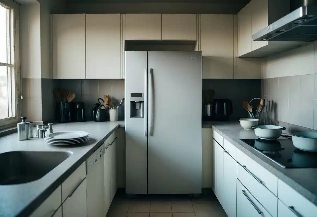 A barren kitchen with an empty refrigerator and pantry. Dusty dishes and utensils sit untouched on the counter