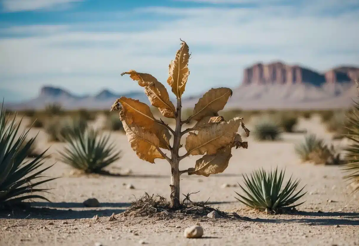 A wilting plant in a barren desert, with shriveled leaves and parched soil, surrounded by other thriving plants