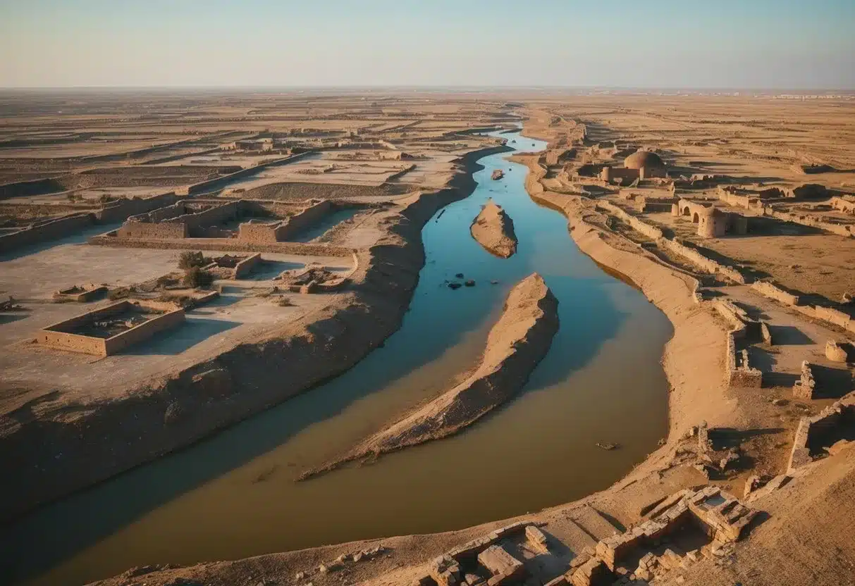 A barren landscape with a desolate village, empty fields, and a sunken river, surrounded by remnants of ancient ruins and artifacts