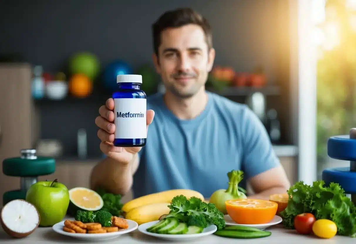 A non-diabetic person holding a bottle of Metformin, surrounded by healthy food and exercise equipment