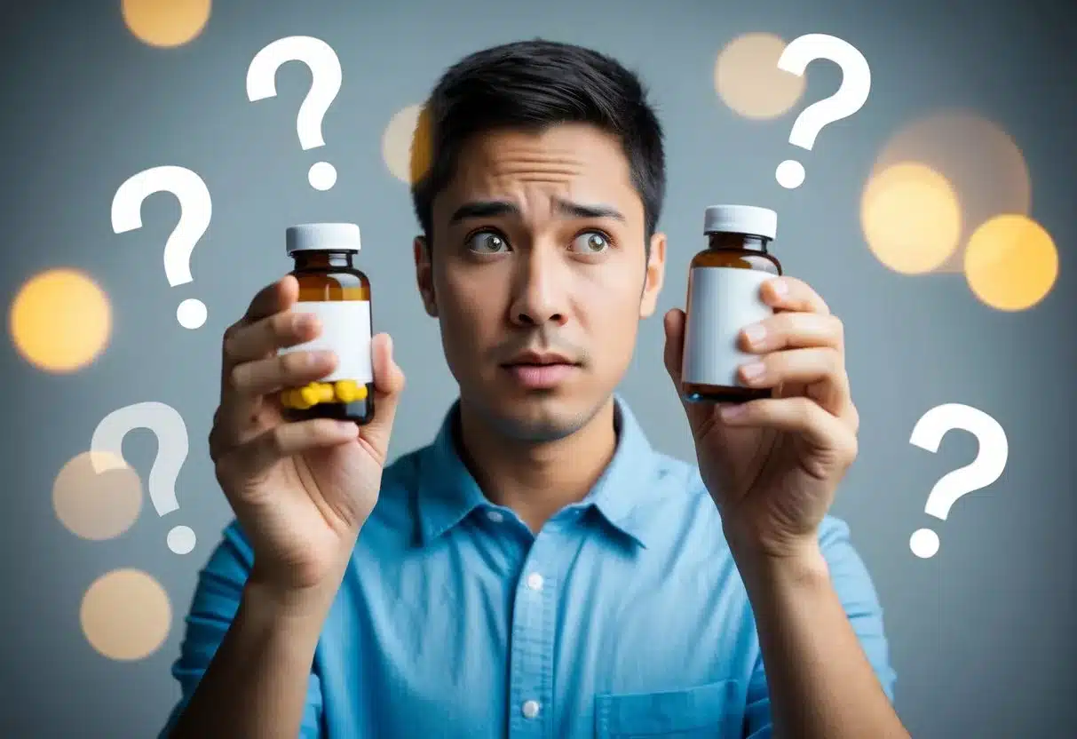 A person holding a bottle of pills, with a confused expression on their face, surrounded by question marks