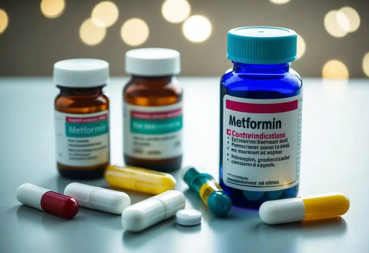 A bottle of metformin next to various other medications, with a warning label and a list of contraindications