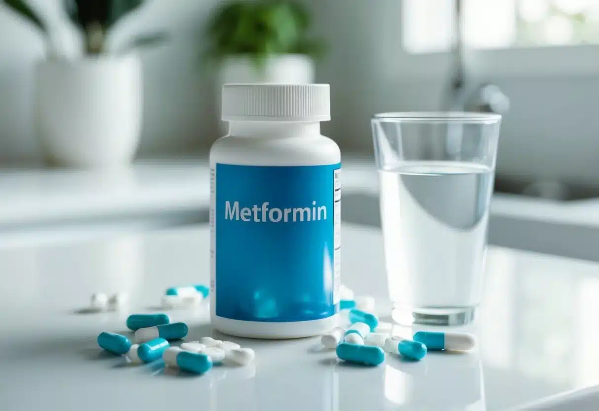 A pill bottle labeled "Metformin" sits on a clean, white countertop, surrounded by scattered pills and a glass of water